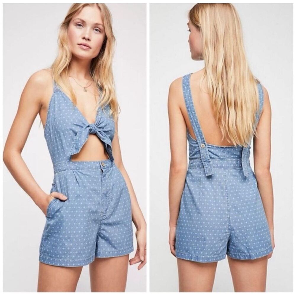 Free People Take Me Somewhere Denim Floral Tie Front Romper Overalls Sz S